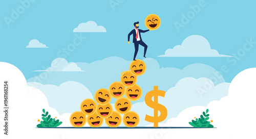 Businessman stands at the peak of a pyramid made of happy faces next to a large dollar sign to show career success.