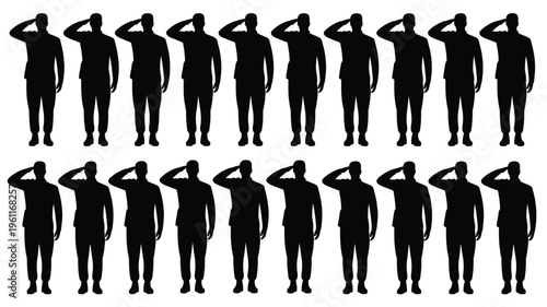 Large bundle of army man silhouettes in salute pose on white background for graphic design