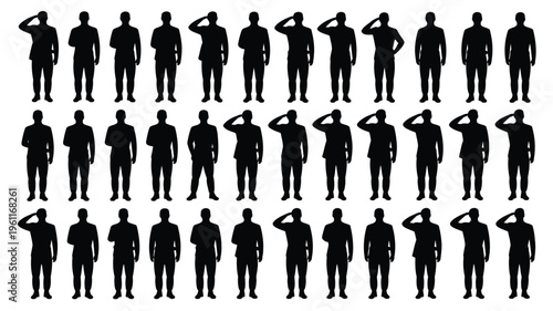 Silhouettes of soldiers in various poses army men standing and saluting in rows on white background