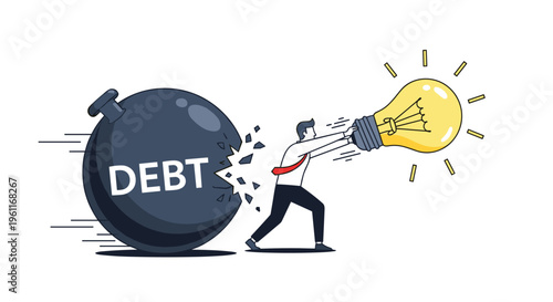 Determined businessman uses a giant glowing light bulb to smash through a large black wrecking ball labeled debt.