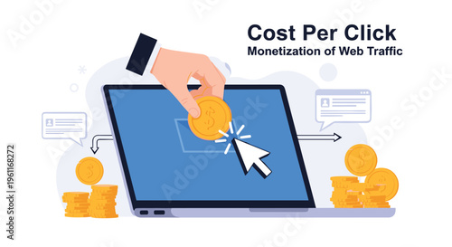 Human hand places a gold coin into a laptop screen to illustrate the concept of cost per click and web monetization.