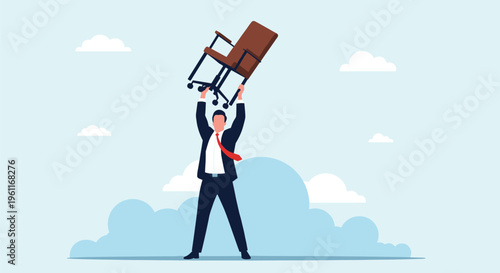 Stressed businessman in a formal suit lifts an office chair high over his head against a blue sky with soft clouds.