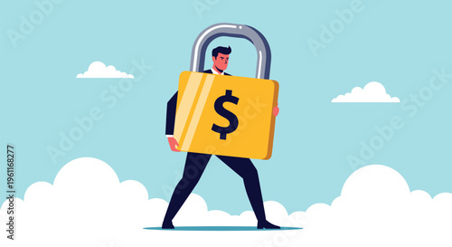 Strong businessman carries a massive golden padlock with a dollar sign symbol across a bright blue cloudy sky.