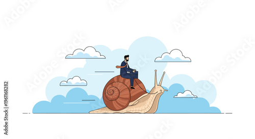 Patient businessman in a suit sits on the shell of a giant snail moving slowly through a bright blue cloudy sky.