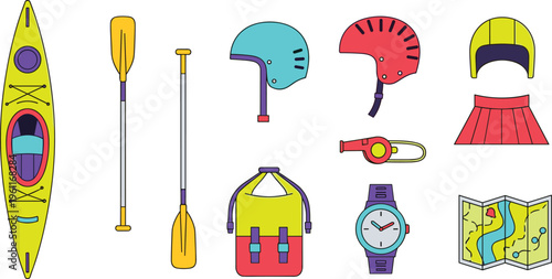 Kayaking and Canoeing Equipment Set with Kayak Paddle Helmet Life Jacket Watch Map and Outdoor Water Sports Gear Vector Illustration