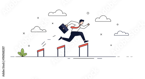 Agile businessman in a white shirt and red tie leaps over hurdles on a track during a professional competition.