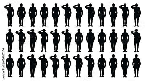 Large bundle of army man silhouettes in various poses on white background for graphic design