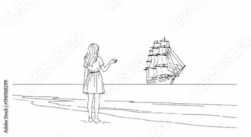 Woman on beach gesturing to a sailing ship on the sea