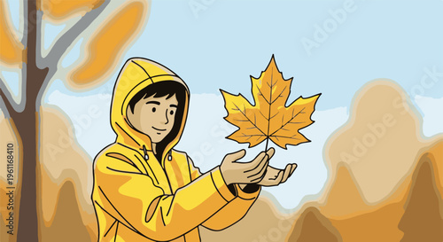 Young person in yellow raincoat holding an autumn leaf outdoors