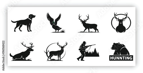 “Black silhouette of a hunting dog walking through grass with a flying duck above, clean vector logo style, high contrast black and white, nature elements, minimal background
