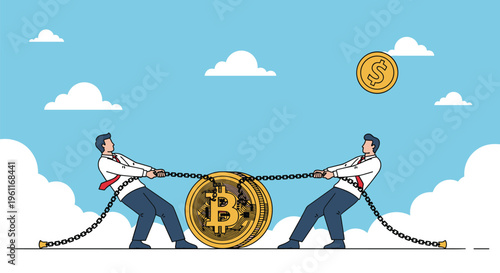 Two professional men engage in a tug-of-war over a large Bitcoin coin representing financial competition in crypto.
