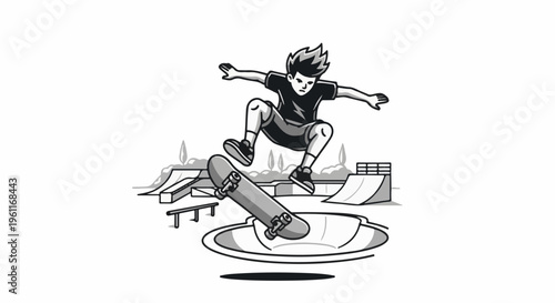Young person performs a skateboard trick in a skate park