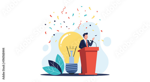 Public speaker delivers a presentation from a podium standing next to a giant glowing light bulb with festive confetti.