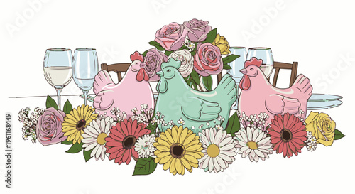 Whimsical table setting with colorful ceramic chickens and floral arrangement