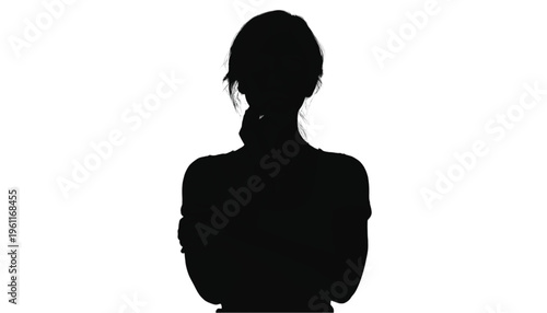 Back view silhouette of a woman standing with arms crossed looking forward against a bright white background.
