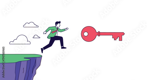 Determined businessman leaps from a high cliff to reach a giant red key floating in the air against a white background.