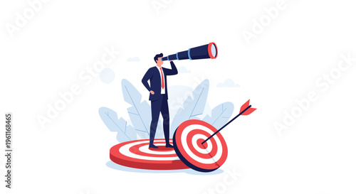 Visionary businessman stands on a target and uses a long telescope to look toward another distant target bullseye.