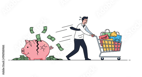 Panicked businessman pushes a shopping cart full of bags while money escapes from a large cracked pink piggy bank.