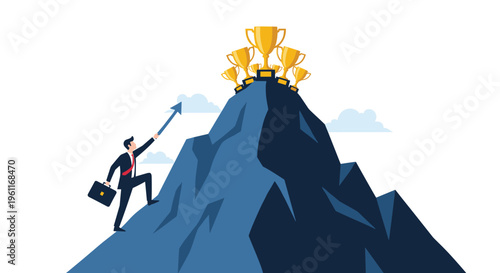 Ambitious businessman climbs a steep mountain peak aiming for a collection of golden trophies representing success.