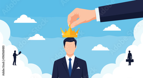 Giant corporate hand places a golden crown on the head of a professional man signifying leadership and promotion.