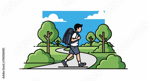 Young person walks on a path through a park with trees