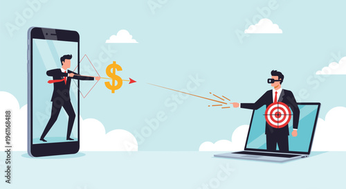 Two businessmen interact across devices where one shoots an arrow at a target and the other at a dollar sign.