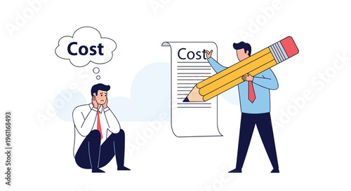 One man uses a giant pencil to erase a high cost on a document while another man sits nearby looking worried.