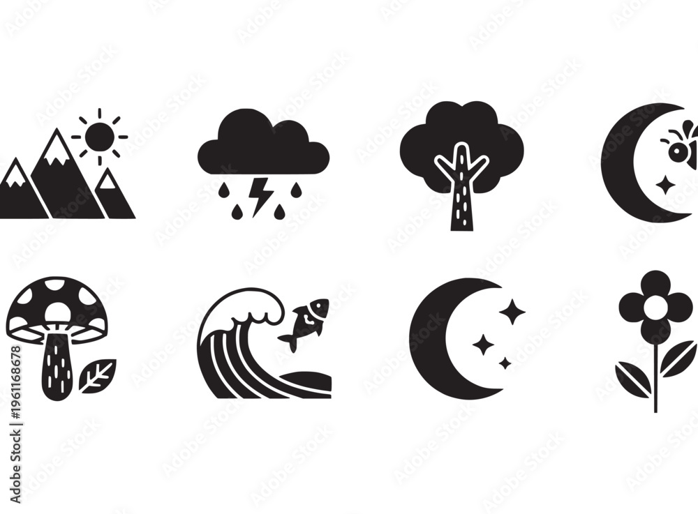 Fototapeta premium Black and white nature icons set.