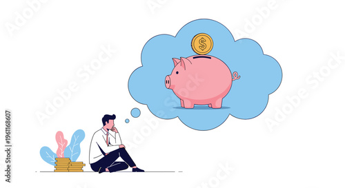 Seated businessman looks very thoughtful while imagining a pink piggy bank with a gold coin in a thought bubble.