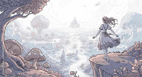 Young woman overlooks fantastical valley with castle and giant mushrooms