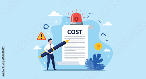 Professional man uses a large black pen to write on a document titled cost which features a red emergency siren.