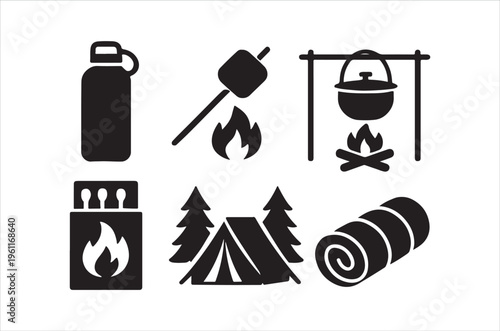 Simple black icons depict camping essentials water bottle marshmallow pot and more