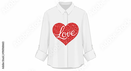 White collared shirt with a decorative red heart graphic that says "Love