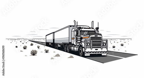 White semi-trailer truck drives on a road through a sparse desert landscape
