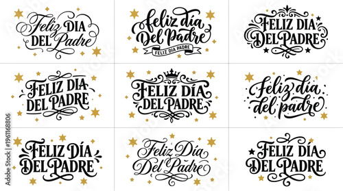 Feliz Dia del Padre lettering set, 9 elegant Spanish Father's Day typography designs, black and gold calligraphy labels for greeting cards