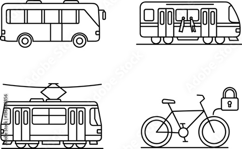 Transportation Icons Set Featuring Bus, Tram, Subway, Bike, and Bike Lock for Urban Mobility and Public Transport Designs