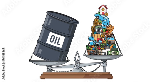 An illustration of a scale with a barrel labeled 'OIL' on one side and a pile of everyday items on the other, symbolizing the surge in oil price versus the cost of living crisis with a flat 2D design.