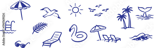 Beach vacation icons and summer symbols