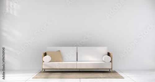 mock up Living room modern japandi style with mini sofa and partition wall, room ties white floor, interior white tone.3D rendering