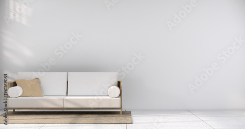 mock up Living room modern japandi style with mini sofa and partition wall, room ties white floor, interior white tone.3D rendering