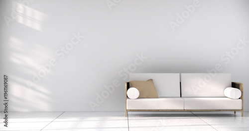 mock up Living room modern japandi style with mini sofa and partition wall, room ties white floor, interior white tone.3D rendering