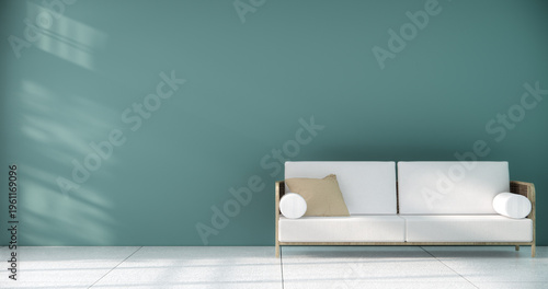 Mint concept mock up Living room modern japandi style with mini sofa and partition wall, room ties white floor, interior white tone.3D rendering