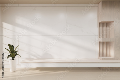 Floating Shelf on room The Serene Nook room Minimalist Zen Living on white room and Wooden Feature Wall.3D rendering