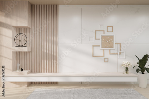 Floating Shelf on room The Serene Nook room Minimalist Zen Living on white room and Wooden Feature Wall.3D rendering