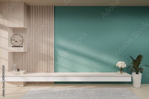 Floating Shelf on room The Serene Nook room Minimalist Zen Living on mint room and Wooden Feature Wall.3D rendering