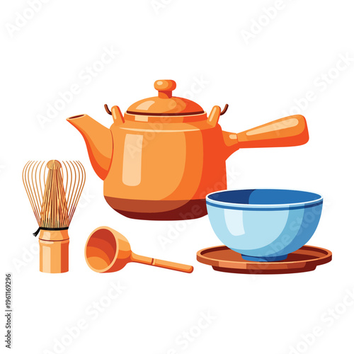 Whisk and teapot kitchen items set.