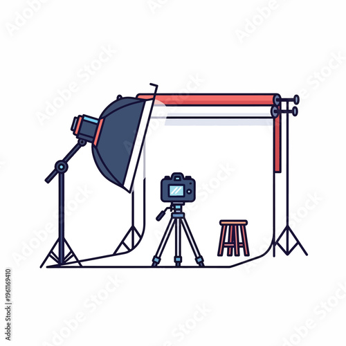 Camera on tripod with lighting equipment.