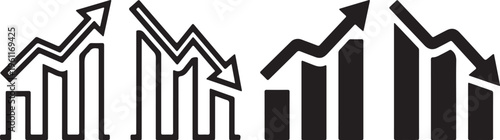 Business growth and decline bar charts, financial market trend icons with arrows, set of 4 black and white vector data visualizations for analytics