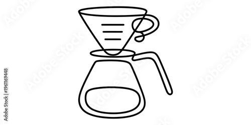 Simple black and white line art icon of a manual pour-over coffee maker with a carafe Vector, illustration