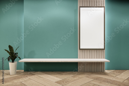 Floating Shelf on room The Serene Nook room Minimalist Zen Living on mint room and Wooden Feature Wall.3D rendering